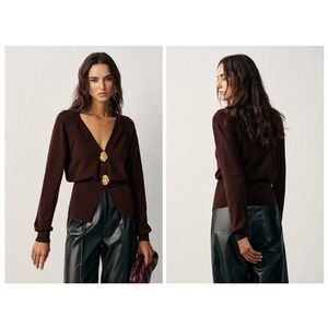 Commense Cardigan Sweater Women M Burgundy Gold Sculptural Button V-Neck Cinched
